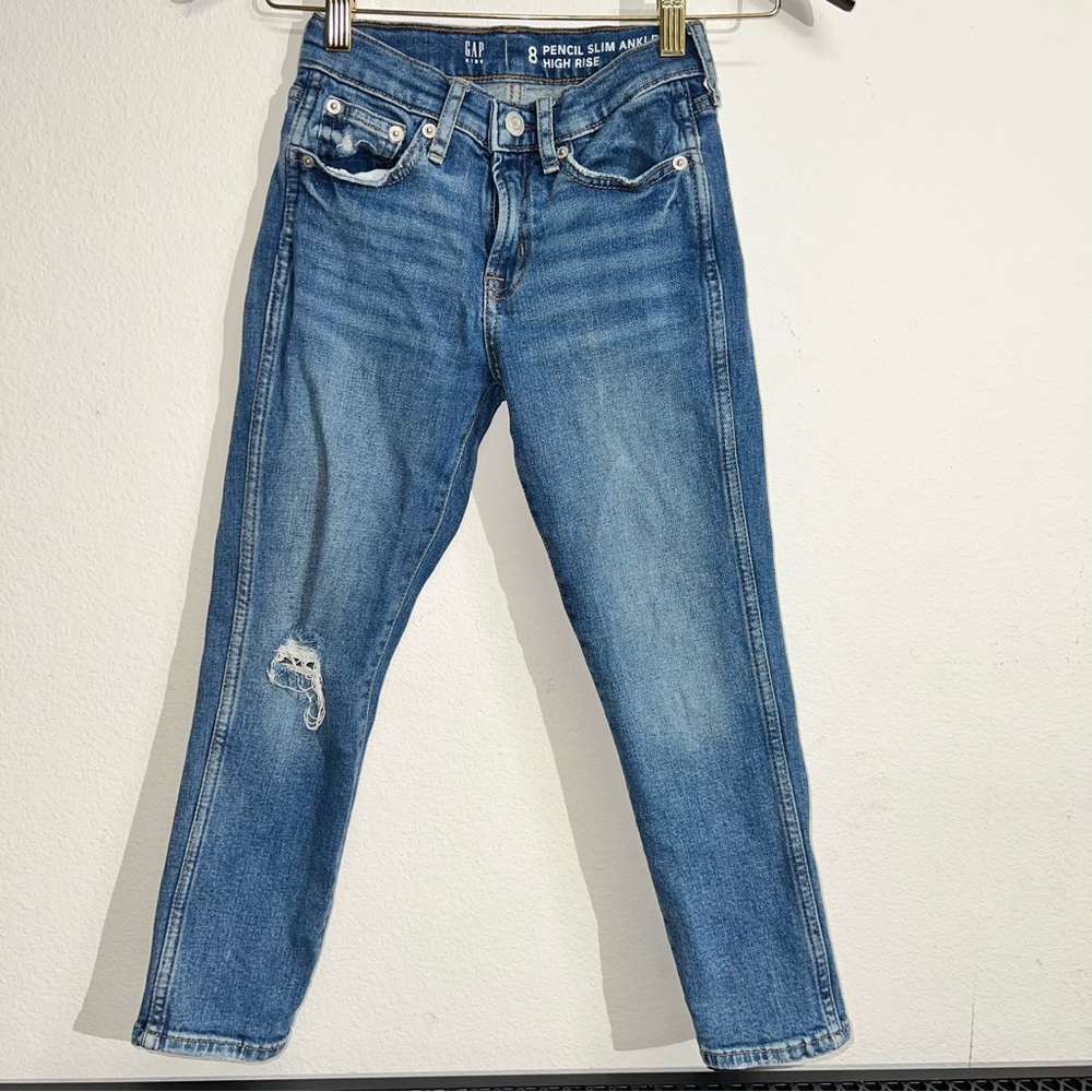 Gap Girls Blue Pencil Slim Ankle High Rise Jeans Size 8 Adjustable Waist Ripped